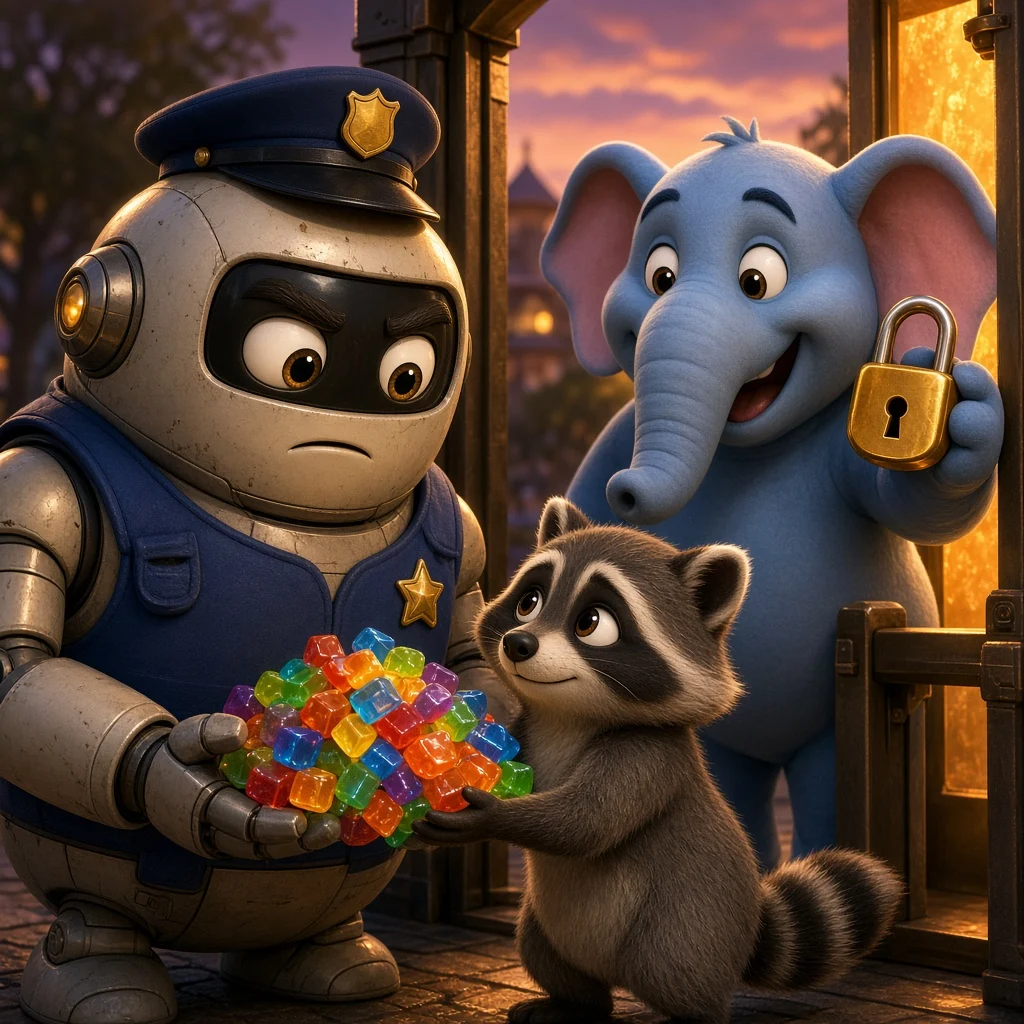Pixar 風格 3D 插圖：圓滾滾的保全機器人在發光的大門前，狐疑地看著小浣熊遞來一堆彩色果凍方塊，後方藍色大象吉祥物高舉一把新的金色掛鎖。