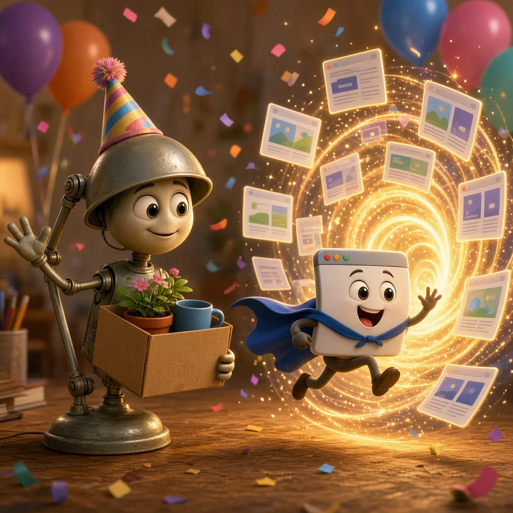 Pixar 風格 3D 插圖：戴著派對帽的老檯燈角色抱著裝有盆栽和馬克杯的紙箱揮手道別，披著藍色披風的瀏覽器視窗角色開心地衝進由網頁卡片組成的發光漩渦，四周有彩帶和氣球。