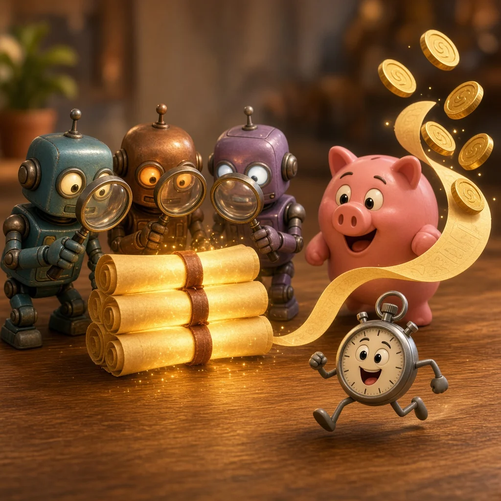 Pixar 風格 3D 插圖：三個拿著放大鏡的小機器人共用一疊發光的卷軸，旁邊粉紅小豬撲滿開心地看著金幣從長長的收據中飛出，一個碼錶小角色在桌上奔跑。